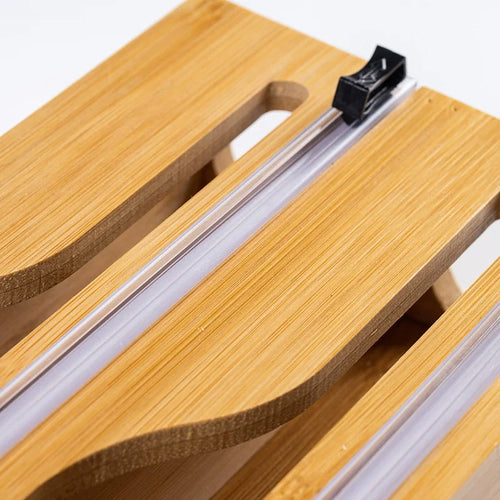 1pc Kitchen Wrap Dispenser With Foil & Cling Film Cutter Box, Bamboo Fresh Bag Cutting Holder, Trash Bag & Plastic Bag Wooden St