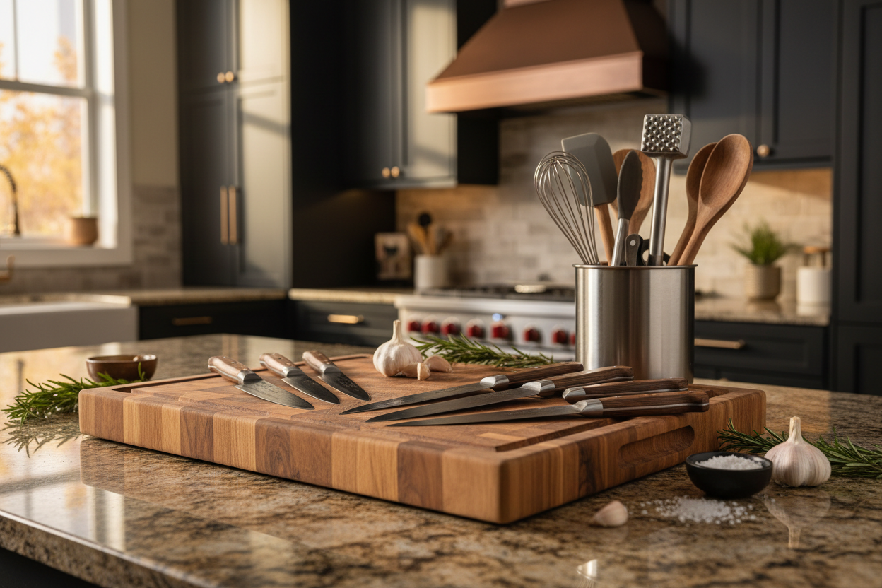 Mesón de cocina con cuchillos y utensilios